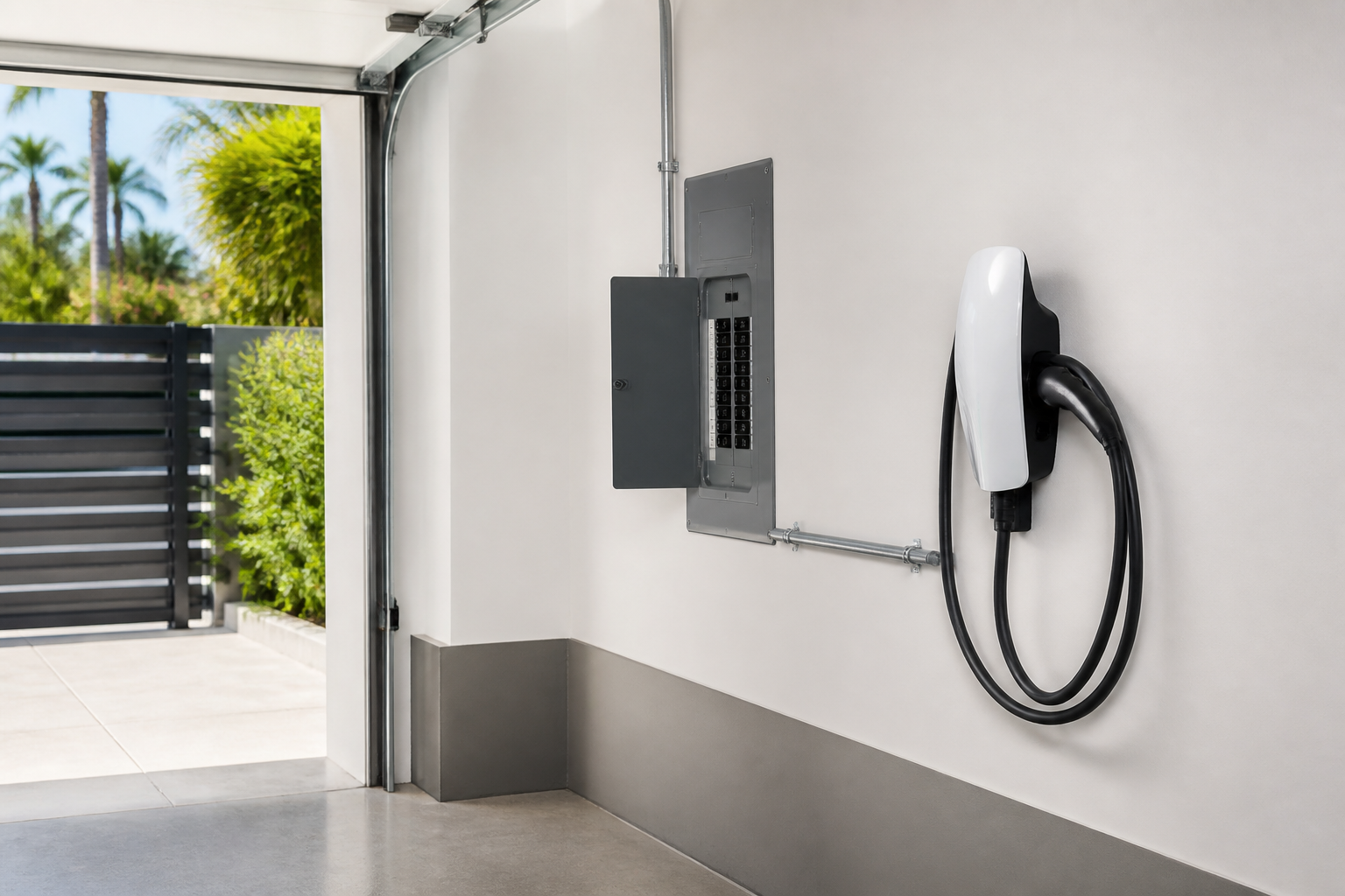Sharp EV charger installation with clean conduit routing and panel capacity planning