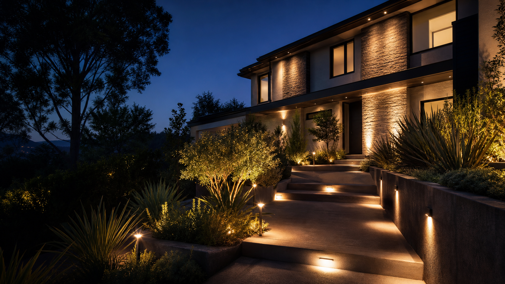 Modern luxury home exterior with landscape and architectural lighting