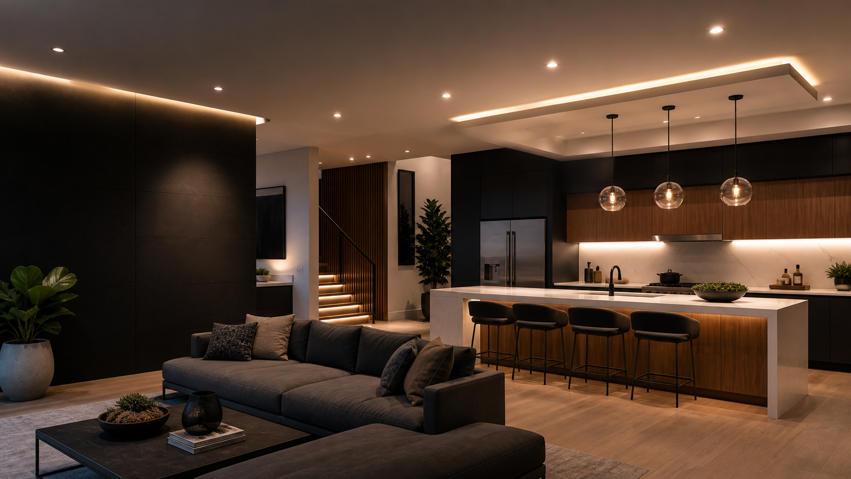 Modern kitchen and living area with layered warm lighting