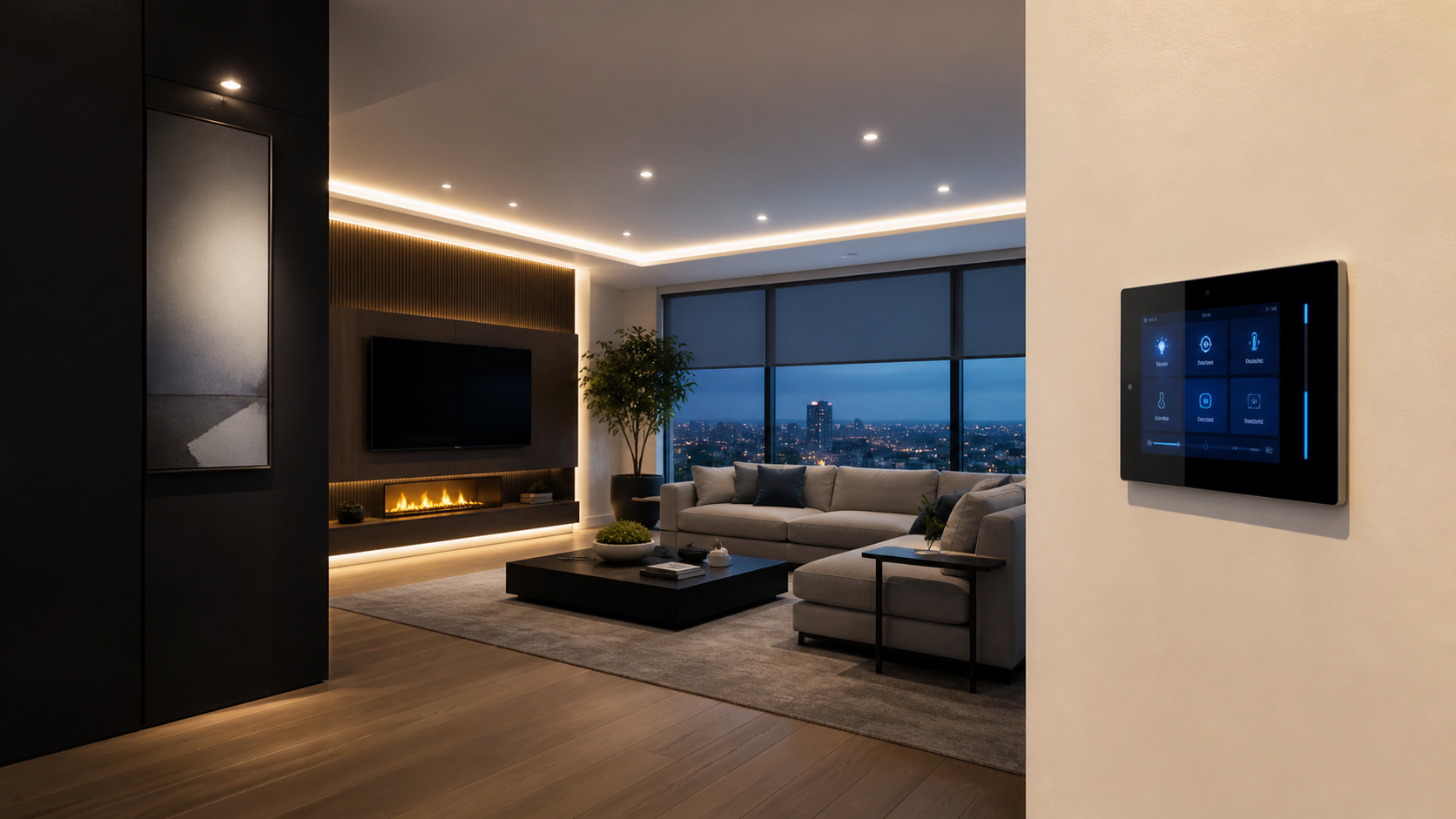 Modern living room with smart home control panel and layered lighting