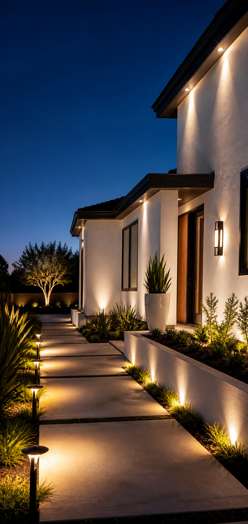 Modern luxury home exterior with landscape and architectural lighting