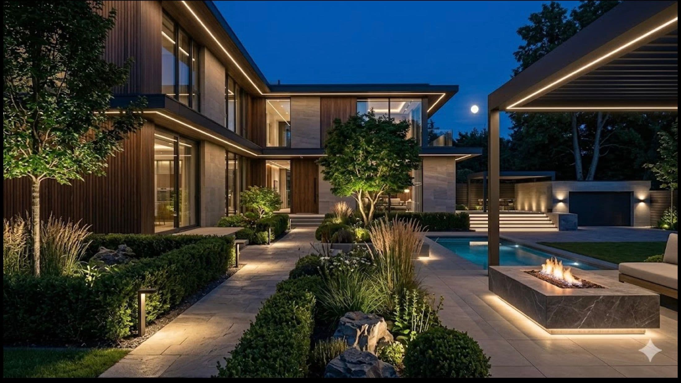Modern living room with smart home control panel and layered lighting